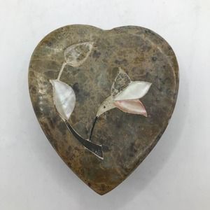 Vintage Carved Stone Heart Trinket Box Inlaid Floral Pattern "2 1/2"x 3" India